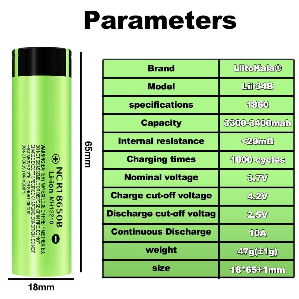 LiitoKala NCR18650B 3400mAh Battery, Model 34B