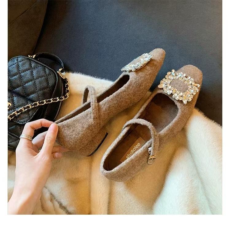 Cowhide Version~ Grape Mom Has the Same New Diamond Buckle with a Small Square Head with a Warm Thick Heel and Mary Jane Women's High-heeled Single