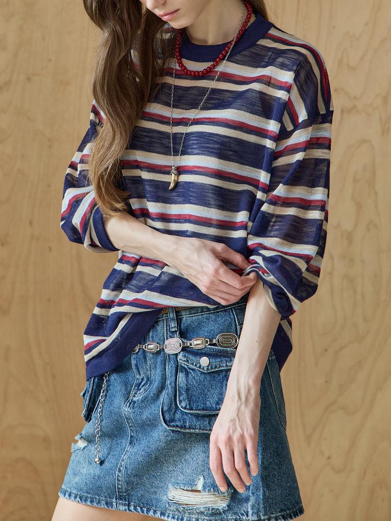 MAXZA Multi-Color Striped See-Through Round Neck Knit