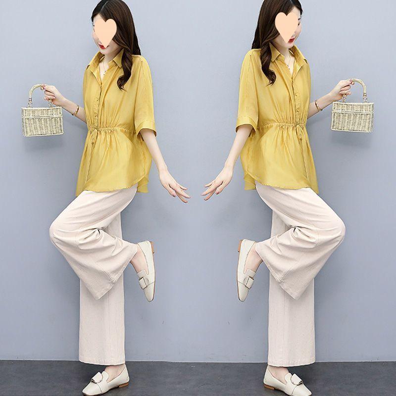 Set di Pantaloni Larghi alla Moda in Cotone e Lino da Donna Primavera Estate Dimagrante Elegante Anti-invecchiamento Taglia Grande Due Pezzi