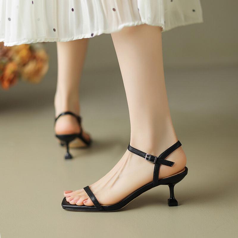 Summer fashion leather high-heeled sandals women's head non-slip new one-word sandals beef tendon sole large size medium heel comfortable