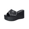 Large Size Super High Heel Slippers Denim Blue Slope Heel One-Word Slippers Wedge SlipperS