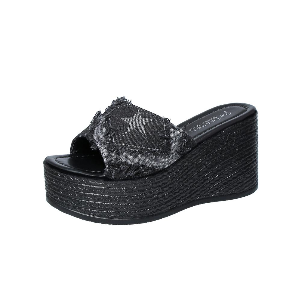 Large Size Super High Heel Slippers Denim Blue Slope Heel One-Word Slippers Wedge SlipperS