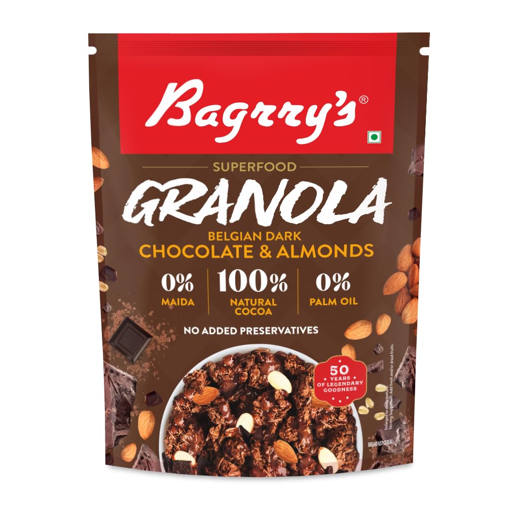 Bagrry s Superfood Granola Belgian Dark Chocolate Almonds 400g | 40% Oats Quinoa Flakes | 100% Natural Cocoa | Plant-Based | High Fibre Prote