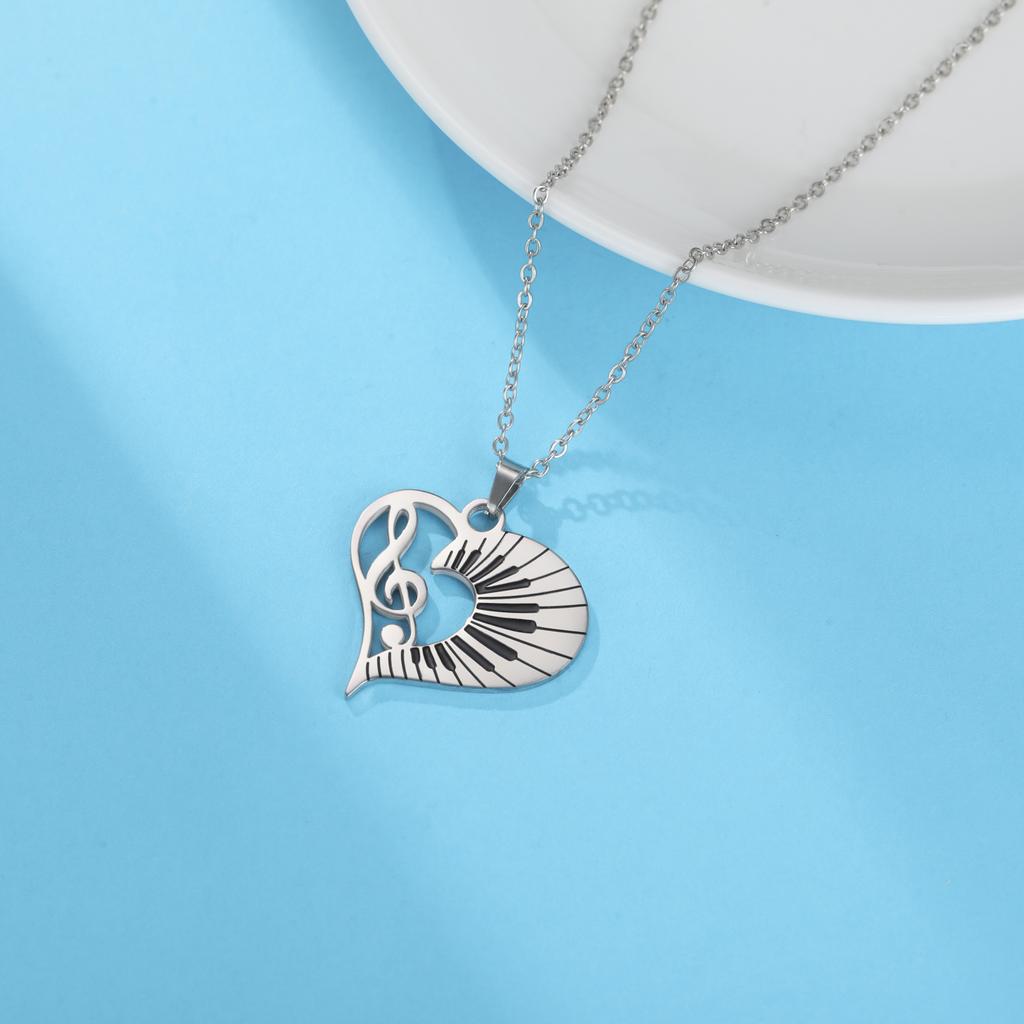 Cazador Trendy Music Note Heart Pendant Necklace for Women Piano Keyboard Chain Stainless Steel Jewelry Music Lovers Gifts
