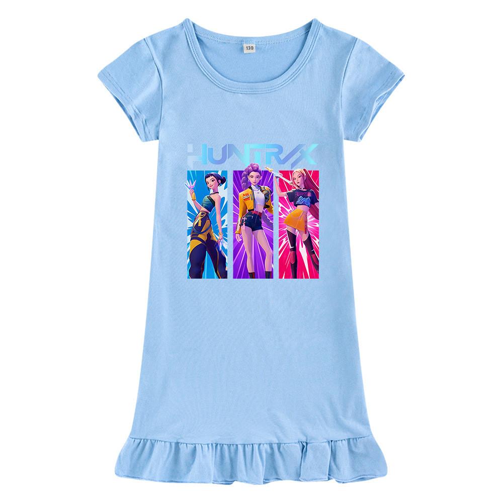 M1221 Kids Girls Kpop Rumi Zoey Mira Print Short Sleeves Ruffle Dress