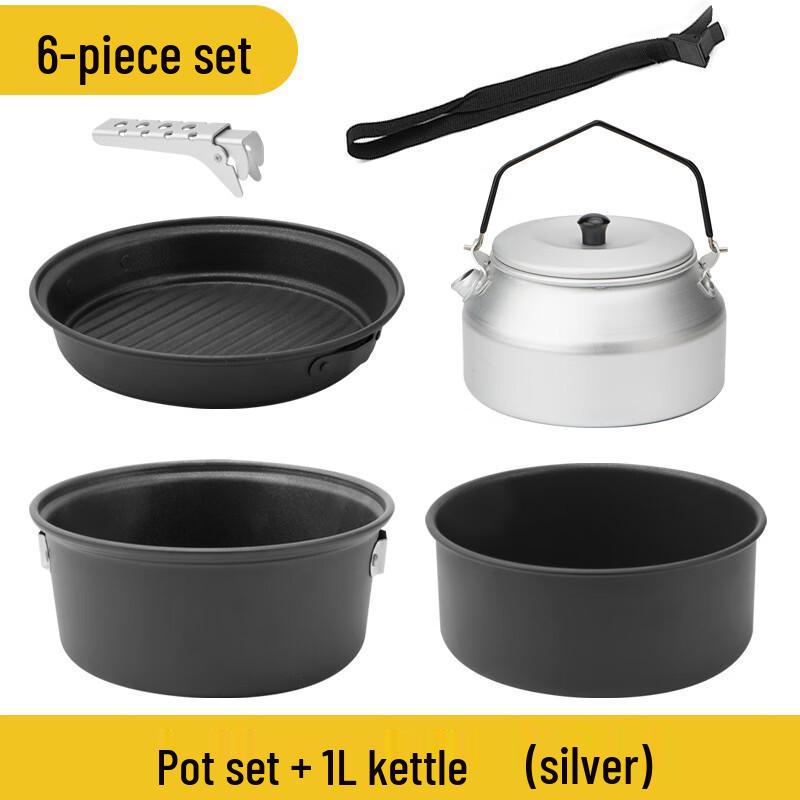 6-Piece Portable Outdoor Camping Cookware Set with 1L Kettle