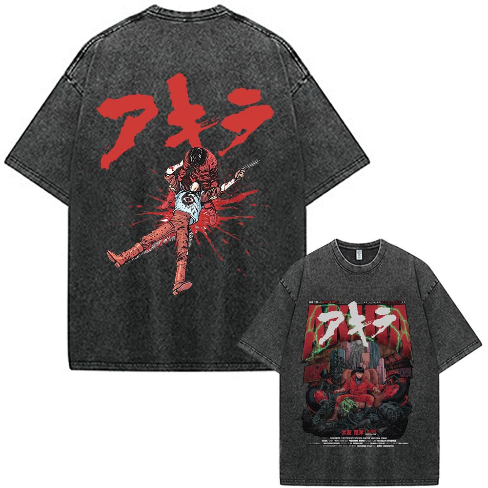 Vintage Washed Anime Akira Shotaro Kaneda Graphic T Shirt Men's Women Clothing Fashion Oversized Casual T-shirts Tops Streetwear