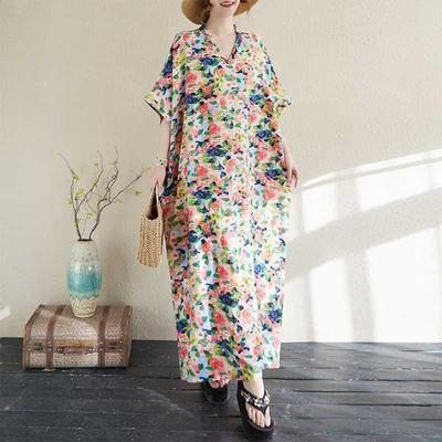 Women's Summer Floral Neck Boho Maxi Dress  Breathable Cotton-Linen Vacation Dress for Travel