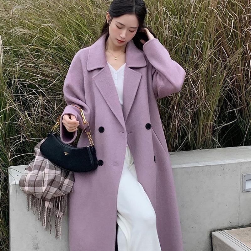 Oatmeal Color Double-sided Velvet Coat for Women Autumn and Winter New Korean Style Mid-length Knee-length Woolen Coat