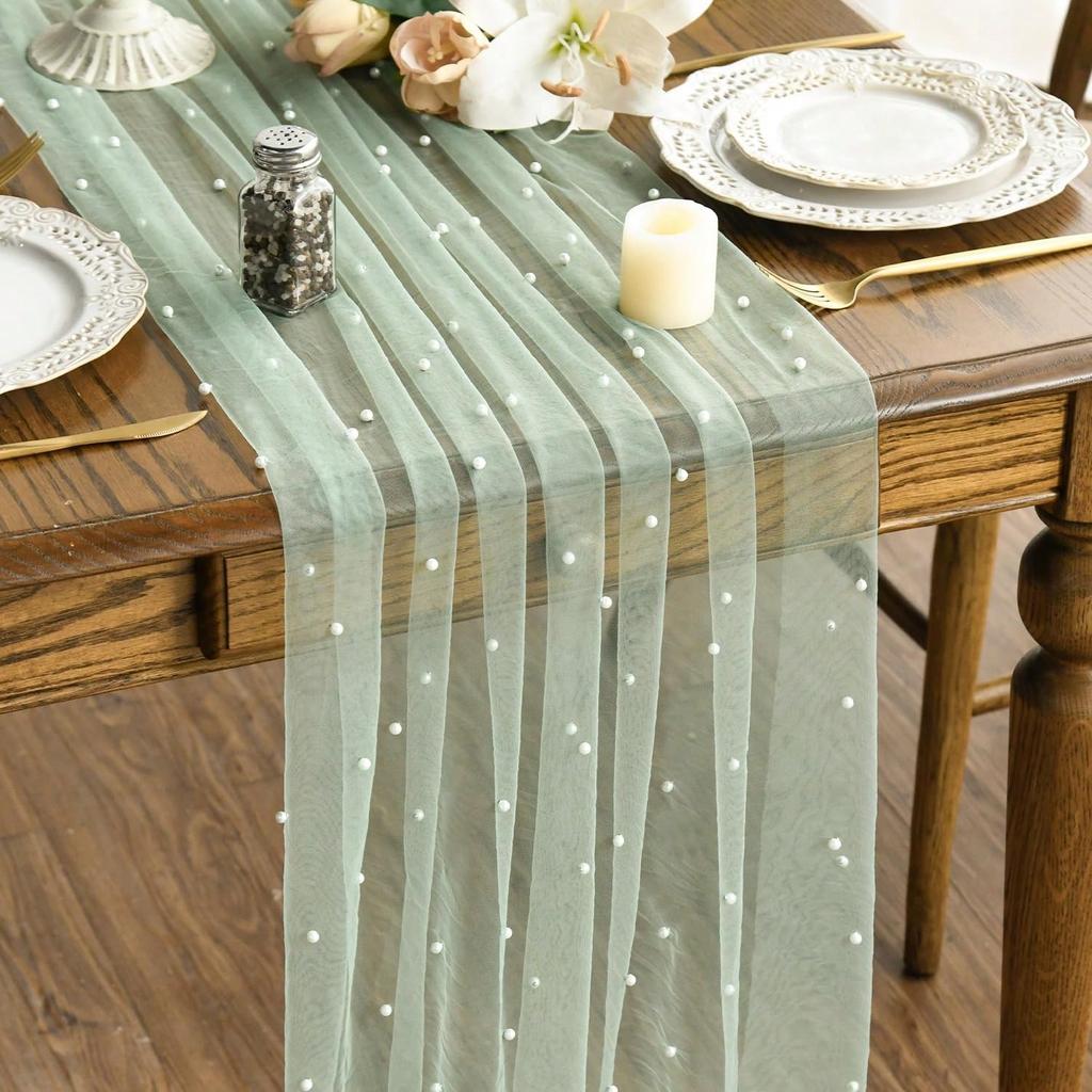 Luxurious Pearl Tulle Table Runner, 120 Inches Seasonal Tulle Table Decoration Suitable For Holidays Weddings  Birthdays  Family Gatherings.