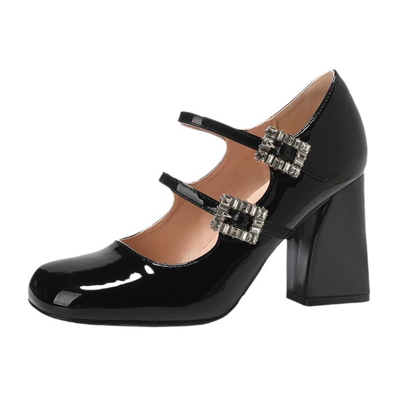 2025 New Rhinestone French Mary Jane Shoes Autumn and Winter Black High Heels Women's Thick Heels Light Mouth Small Leather Shoes Single Shoes