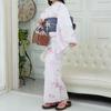 RAVIR Yukata White with Line Drawings and Floral Fluffy Obi and Geta One Size Fits All Women's 3-Piece Set, Watercolor-Style Patterns, Belt, Sandals,