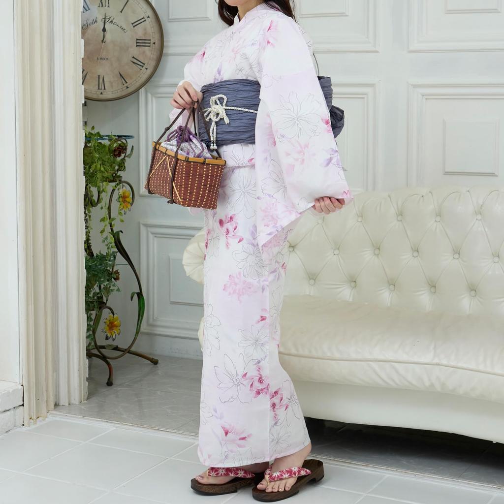 RAVIR Yukata White with Line Drawings and Floral Fluffy Obi and Geta One Size Fits All Women's 3-Piece Set, Watercolor-Style Patterns, Belt, Sandals,