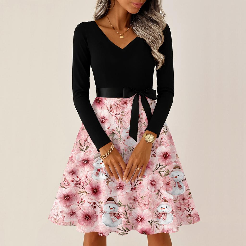 Ladies' Christmas Printed Casual And Fashionable V-neck Long Sleeved Dress