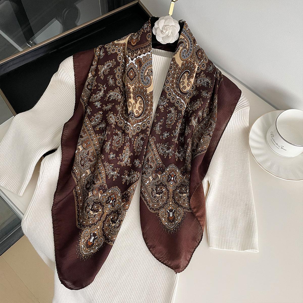 Nieuwe Mode 70x70cm Dames Sjaal Paisley Print Sjaal Katoenen Textuur Vierkante Sjaal Decoratieve Hoofdband Nek Luxe Design Bandana bruin