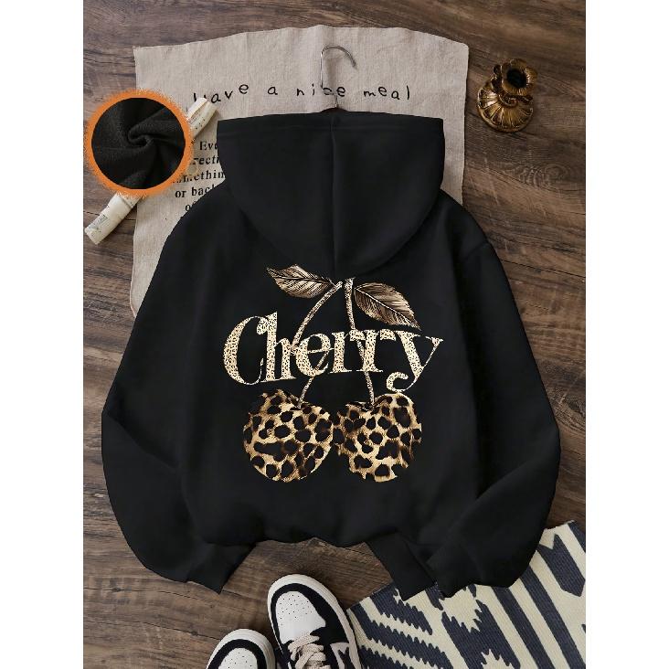 Women's Autumn Winter Hoodie - Casual Regular Fit Sweatshirt with Letter Leopard Cherry Print Top