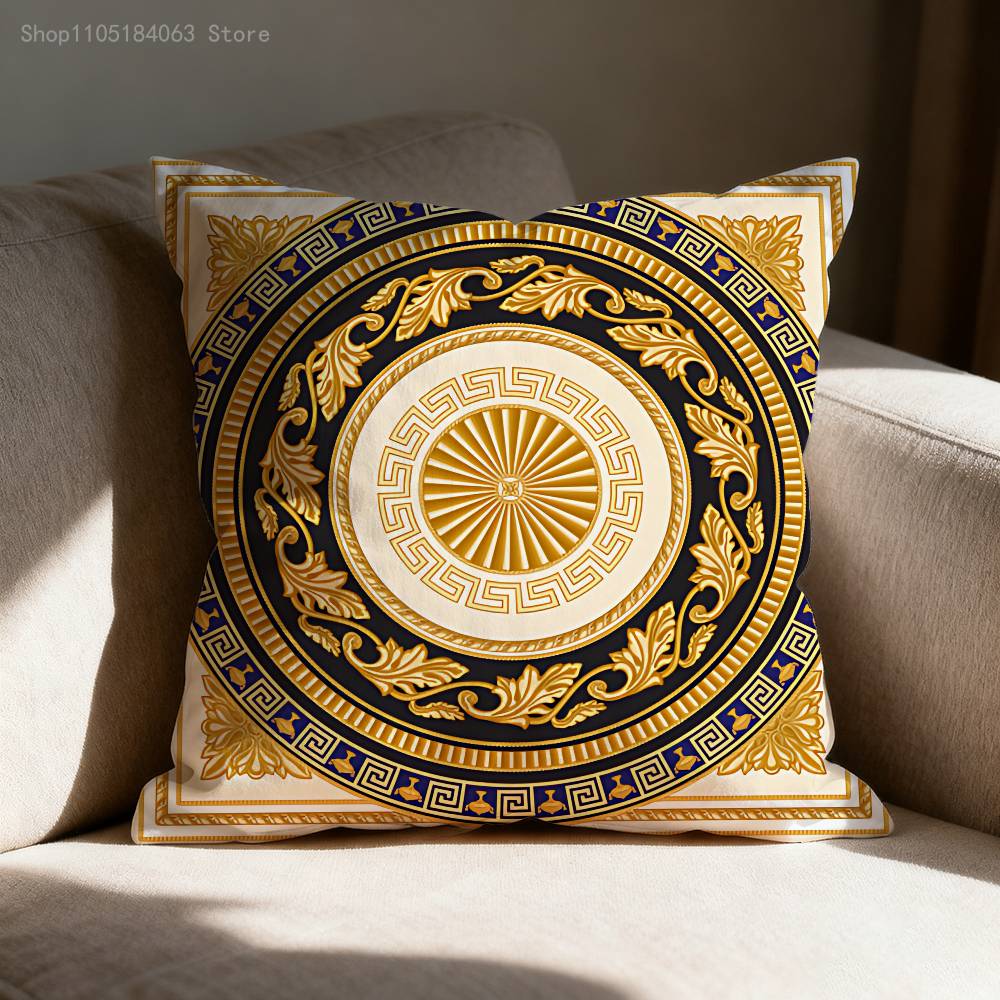Greek Key Golden Baroque Style Pillow Case Print Polyester Fiber 40X40 Cm Home Sofa Throw Cushion Cover Decoration