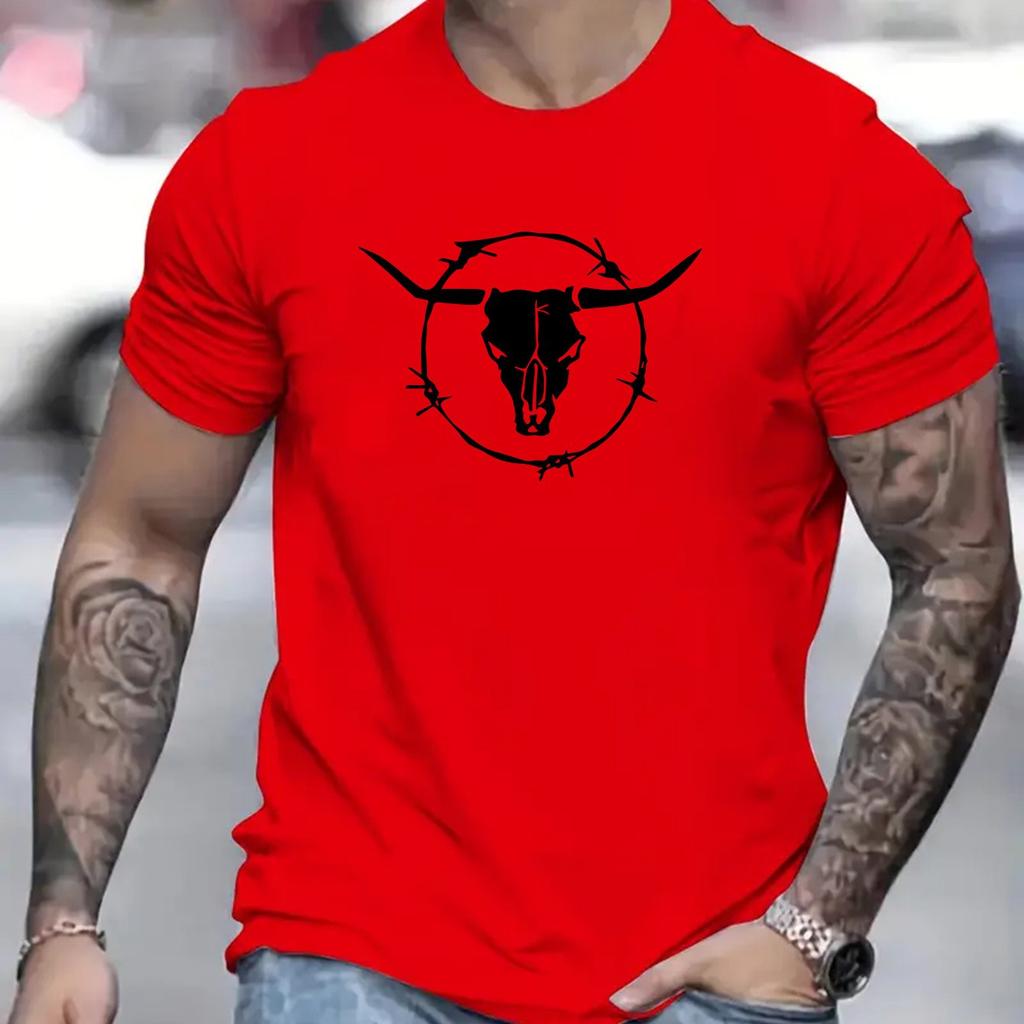 Men's Summer 100 Cotton Fashionable Casual Loose Plus Size Bull Skull Print Sports Round Neck Short Sleeved T-shirt Top