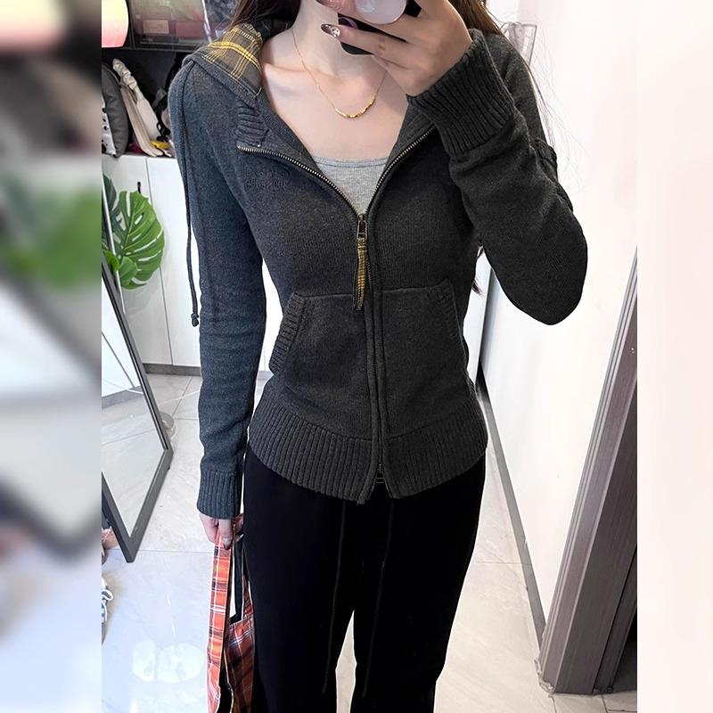 

Серый облегающий вязаный кардиган с капюшоном для женщин - Коллекция Ранняя Весна 2025 One Size (Recommended 80-145 jin) темно-серого