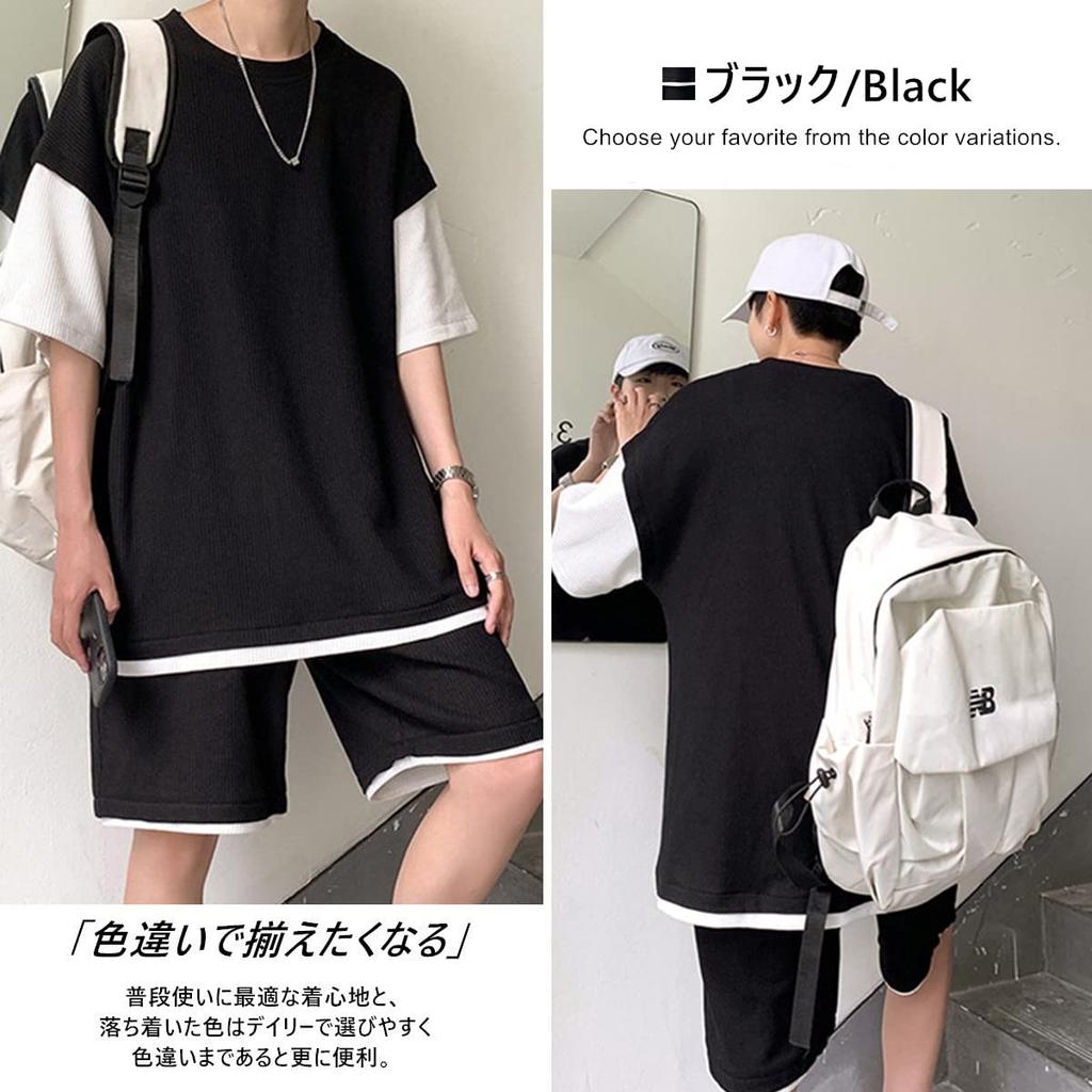 JIAYBL Summer Jersey Top and Bottom Short Sleeve Solid Layered Plus XL Men's Set, T-Shirt, Color, Casual, Style, Sizes, Loungewear, Black,