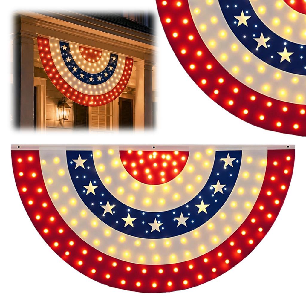 USA 250th Half Fan American Flag with LED Light Memorial Patriotic Banner Flags for House Deck Fence Independence Day Decor