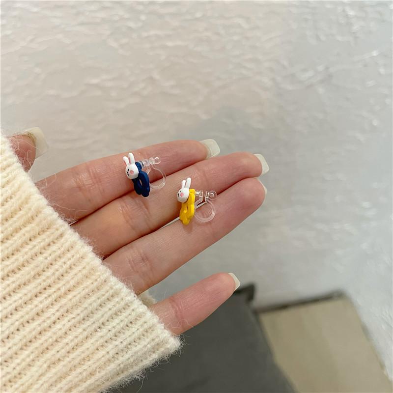 Contrasting Colors Cute Rabbit Flowers Small Fresh Early Autumn New Stud Earrings Femininity Asymmetrical Small Ear Clips No Ear Piercings