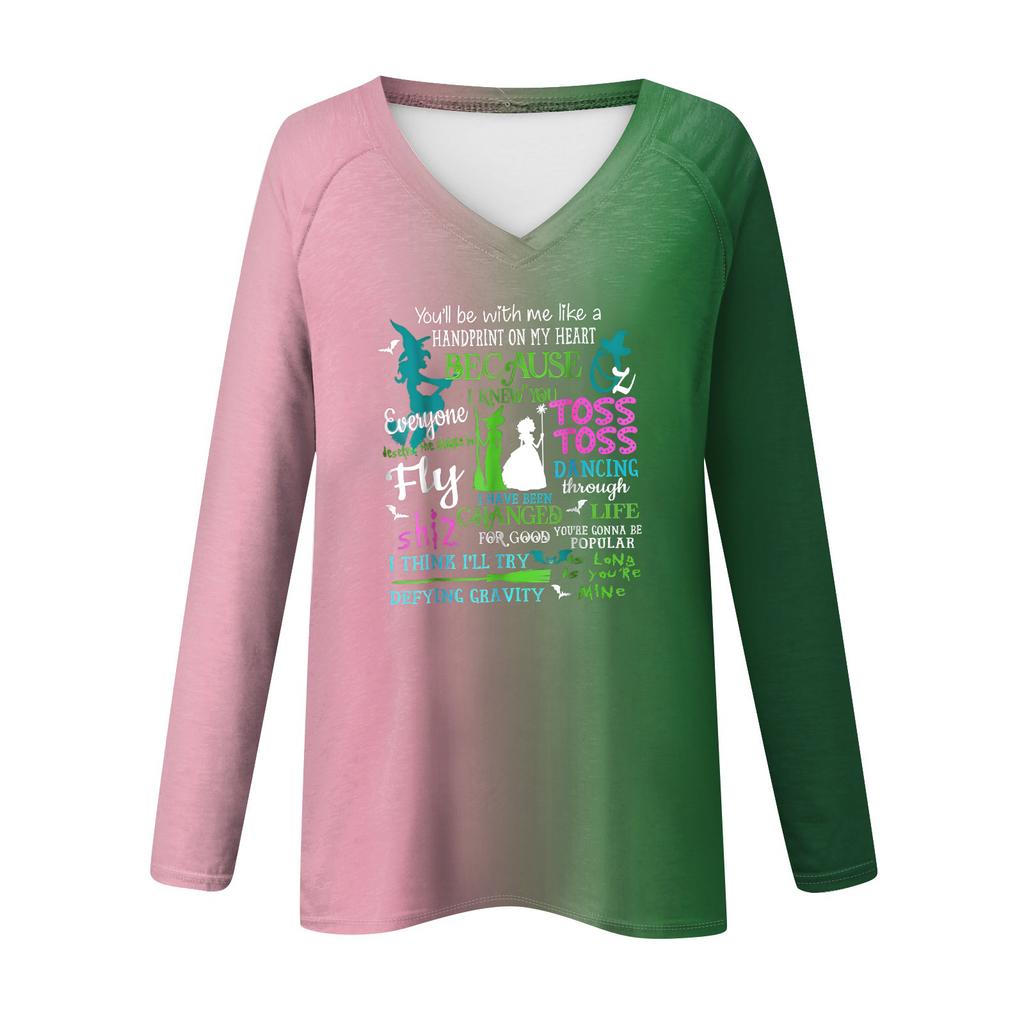 Women's Long Sleeve Plunger Sleeve  Witch Printed Casual Top T-Shirt