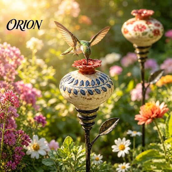 Floral Bird Nectar Feeder Hummingbird Garden Stake, Vintage Ceramic Feeder, Flower Feeding Port, Outdoor for Backyard Lawn Deck Decor Colorful Shaped
