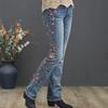 Jeans a zampa da donna, jeans a vita alta con ricami floreali, pantaloni in denim microelastico slim con tasche