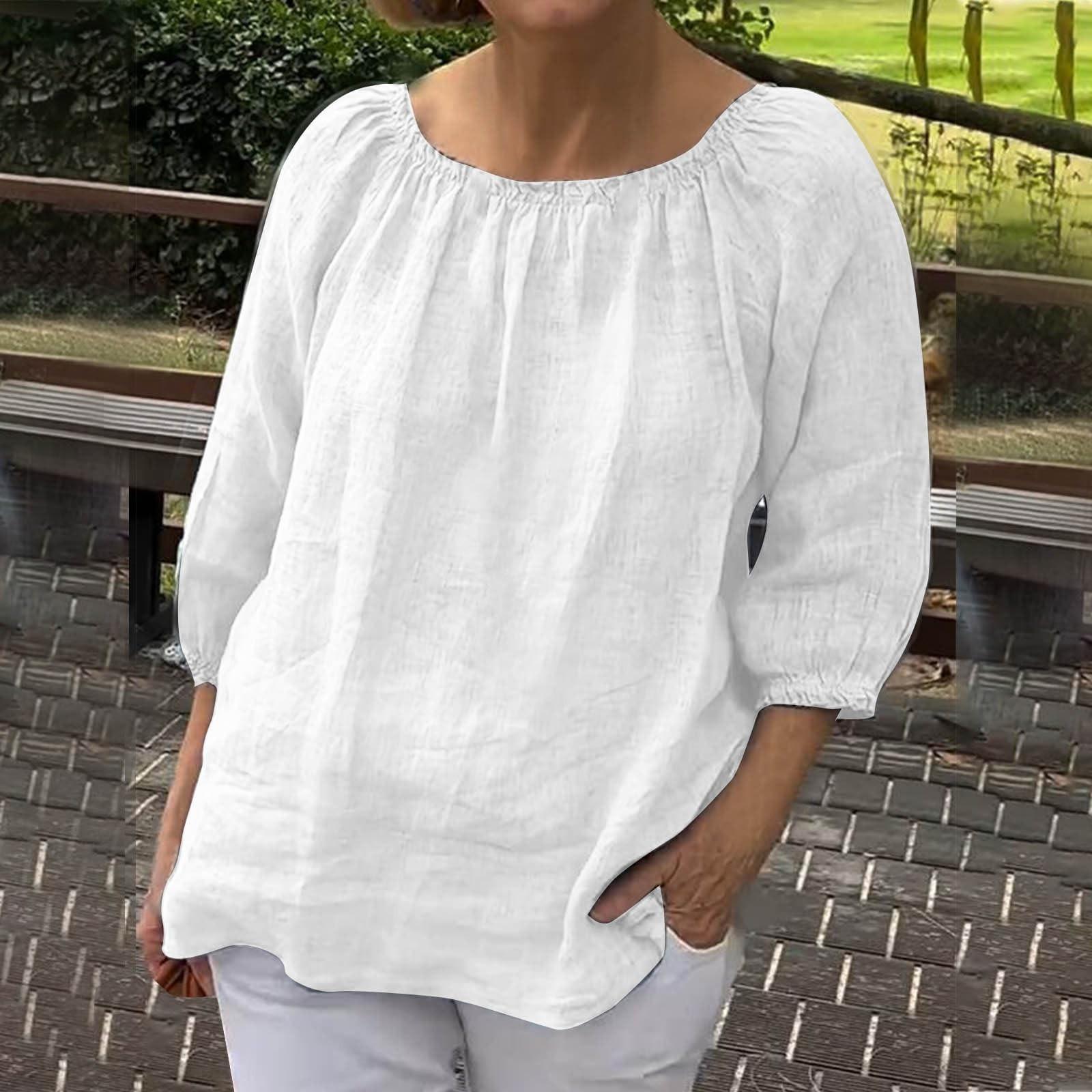 

Женский свободный однотонный повседневный топ из хлопка и льна с круглым вырезом и средним рукавом L белый