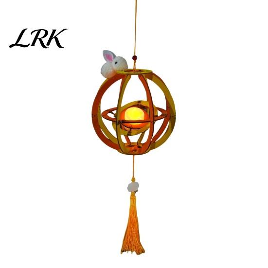 Wooden Lantern Making Set DIY Kit for Mid-Autumn Festival, Hollow Rotating Ring Chinese Style with Rabbit, Handmade LED Candle Toy Tassels Hanging