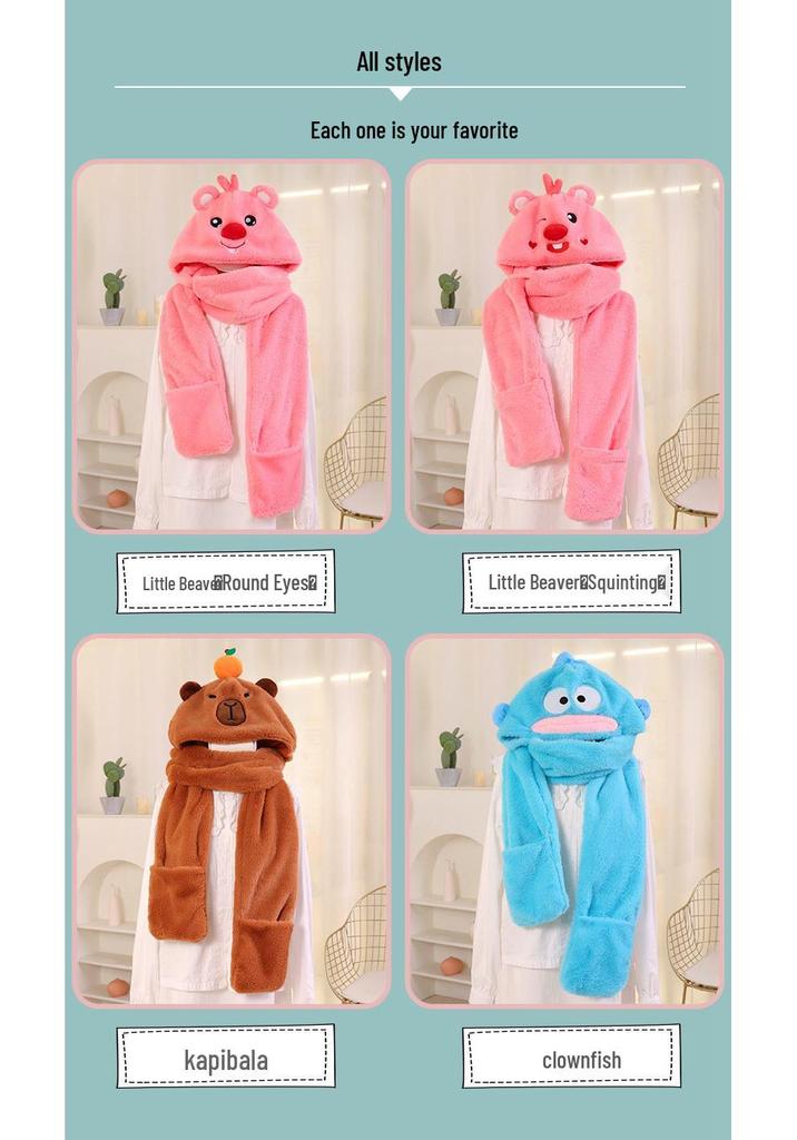 Adorable Capybara Plush Hat, Scarf & Gloves Set - Winter Cartoon Ear Protection