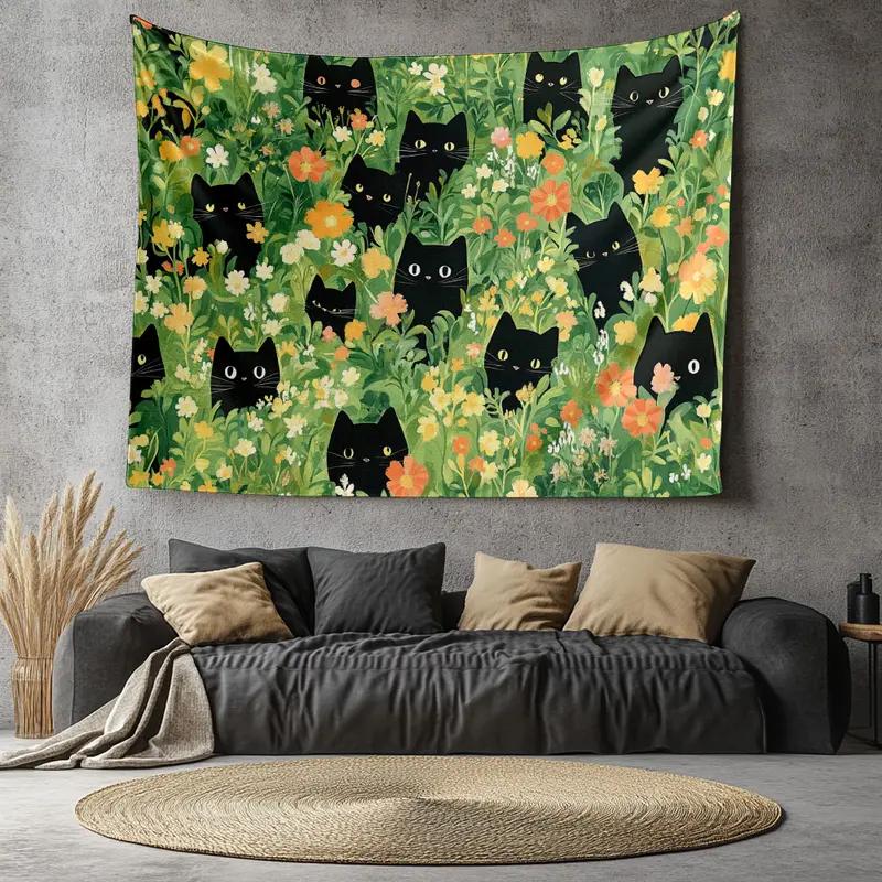Cute Black Cat Bohemian Tapestry Wall Hanging Aesthetics Natural Decoration Cat Enthusiast Polyester Bedroom Living Room