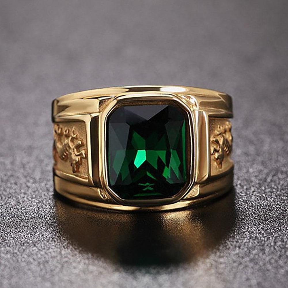WOSIKATE 18K Gold Plated Domineering Dragon Pattern Ring For Men Vintage Square Zirconia Index Finger Ring Fashion Jewellery