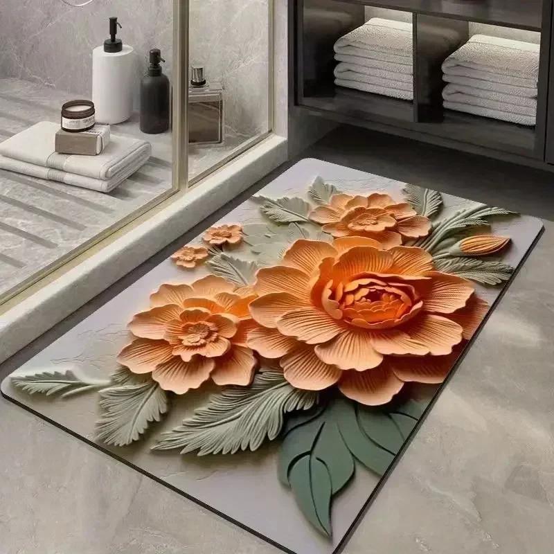 3d Flower Printed Bath Mat Non Slip Bathroom Rug Super Absorbent Kitchen Doormat Home Laundry Room Decor Porch Entrance Carpet