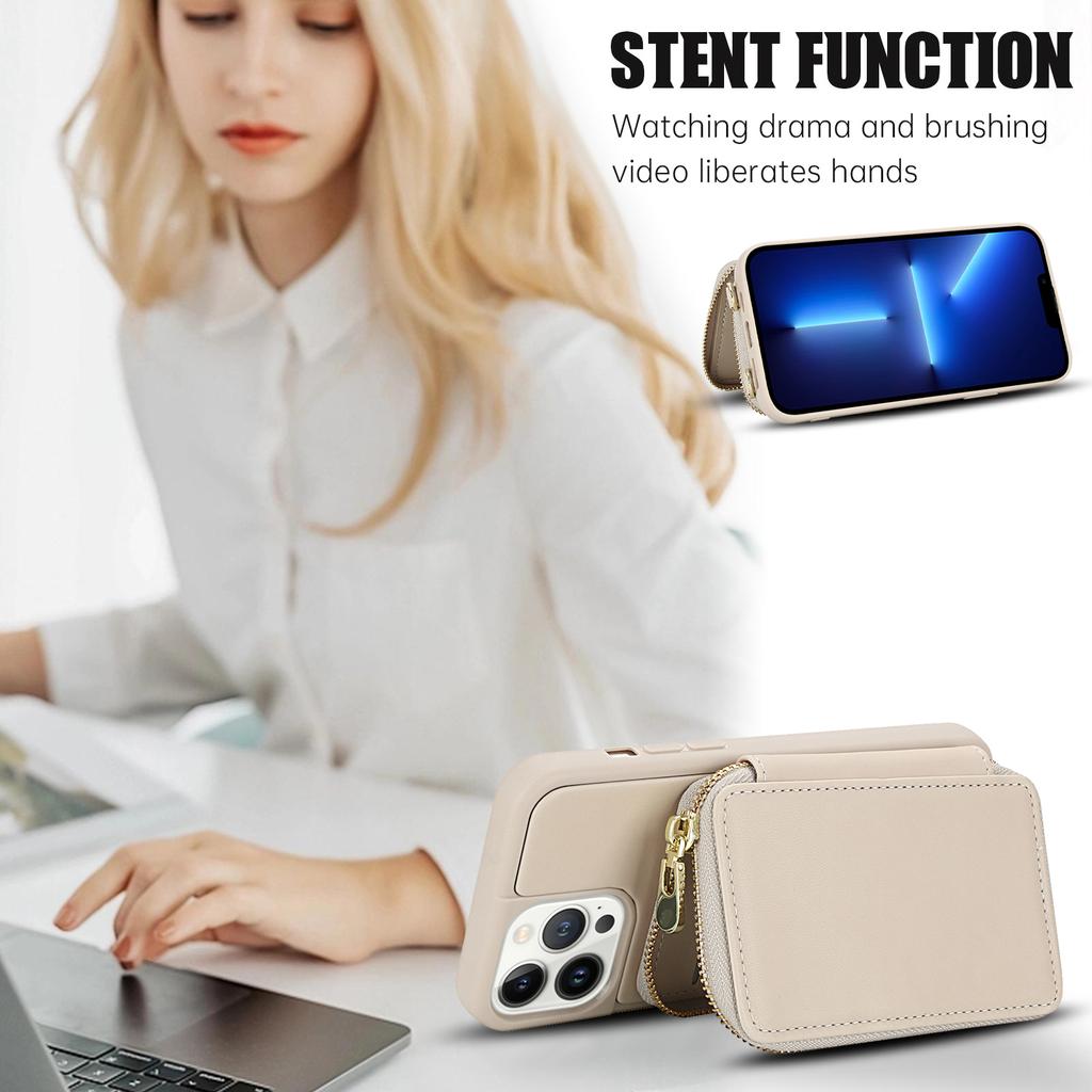 For iPhone 13 Pro Case RFID Blocking Zipper Wallet Leather + TPU Phone Cover with Shoulder Strap