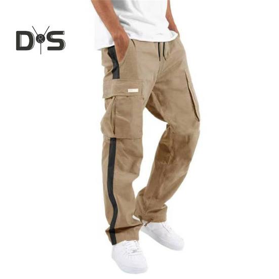 Men Pants with Multi Pockets Drawstring Elastic Waist Wide Leg Loose Cargo Pants Daily Solid Color Sweatpants for Outdoor Hiking Camping