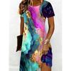 Abstract Print Short Sleeve Dress Multicolor Watercolor And Golden Accents Casual Summer Outfit