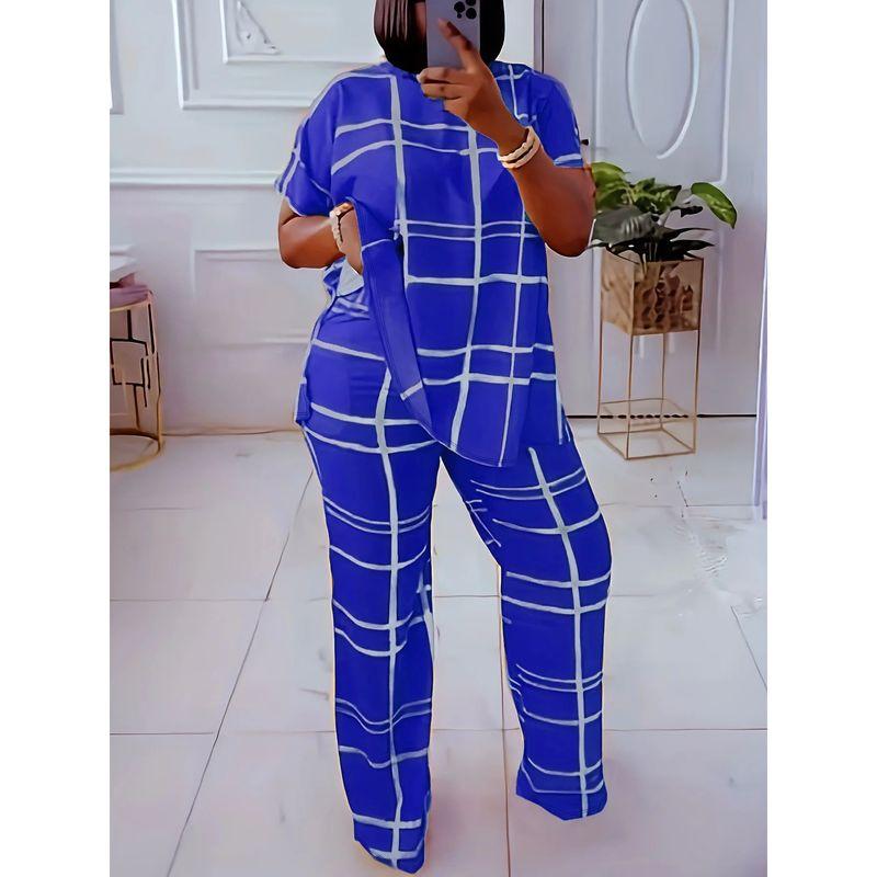 

Комплект из двух частей с круглым вырезом, в полоску, свободного кроя, женский костюм из двух частей свободного кроя в полоску с круглым вырезом Blue XXXL