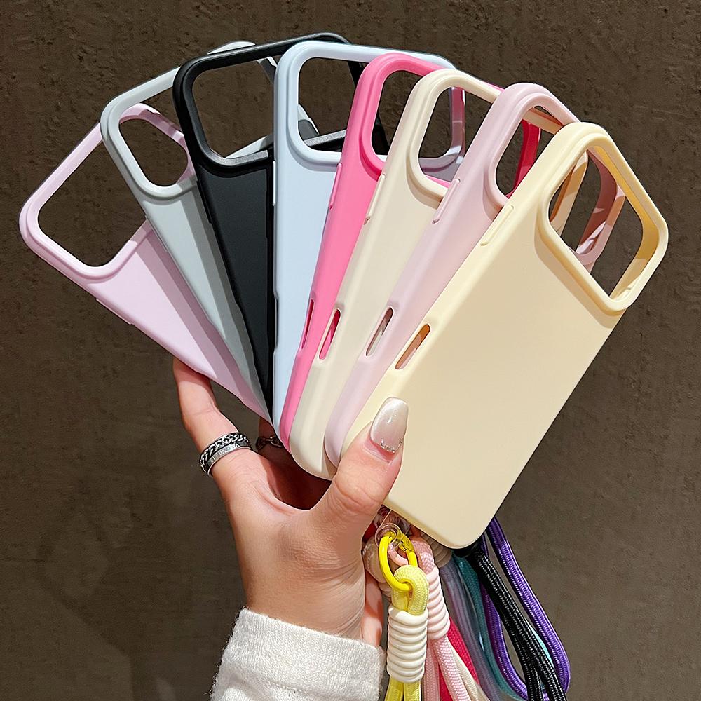 Candy Color Matte Wrist Strap Phone Case For 17 16 Pro Max 15 14 13 12 11 Air Plus Colorful Lanyard Shockproof Soft Cover