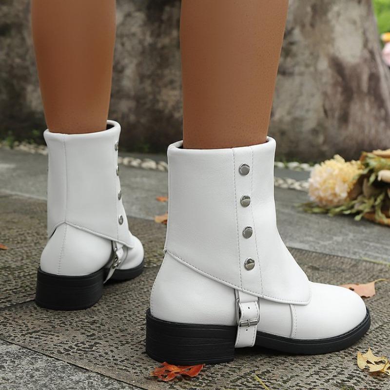 

Модные ботильоны большого размера с заклепками и вставками, на квадратном каблуке, новые осенне-зимние, с металлической пряжкой, низкие, для женщин 36 белый