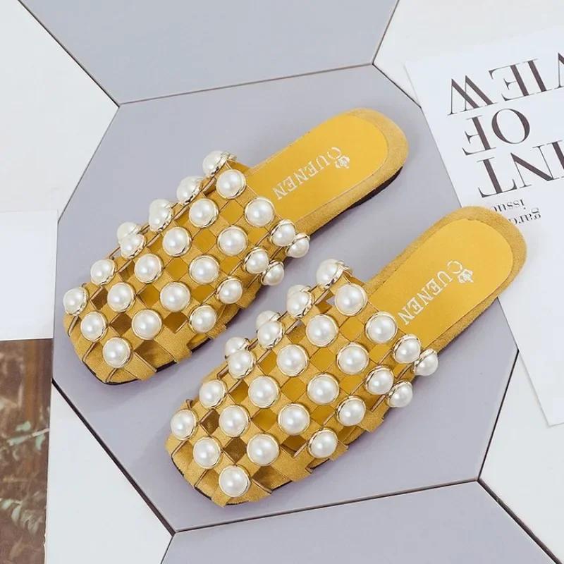 

Модные женские модные повседневные плоские мюли с жемчужными бусинами и заклепками, однотонные сандалии с жемчугом, повседневные нескользящие шлепанцы на плоской подошве, легкие 35 жёлтый