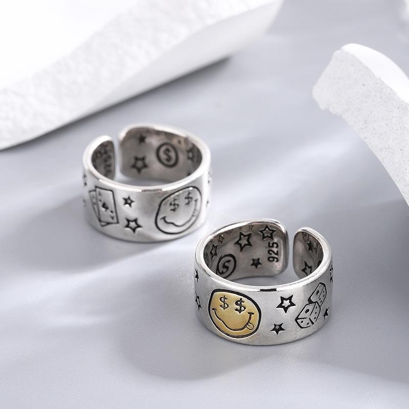 Retro Smile Face Poker Dice Ring For Men Silver Plated Copper New School Punk Gothic Adjustable Ring Unisex Jewelry Accessories