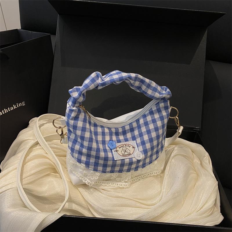 French Floral Lace Cloud Bag Hand Bag New Summer Fresh Plaid Splicing Chain Messenger Bag Single Shoulder