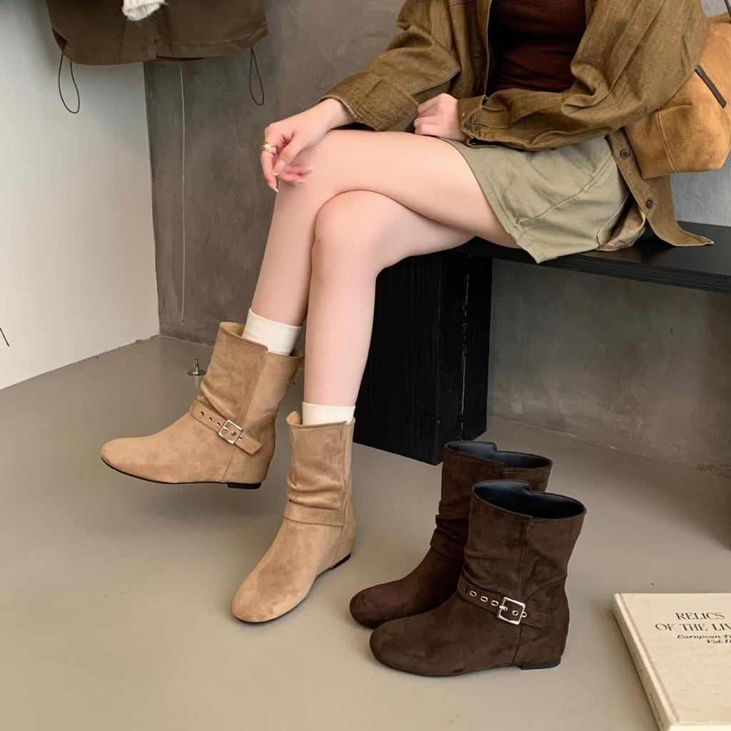 French retro inner heightening short boots autumn and winter new suede giant slim pile boots