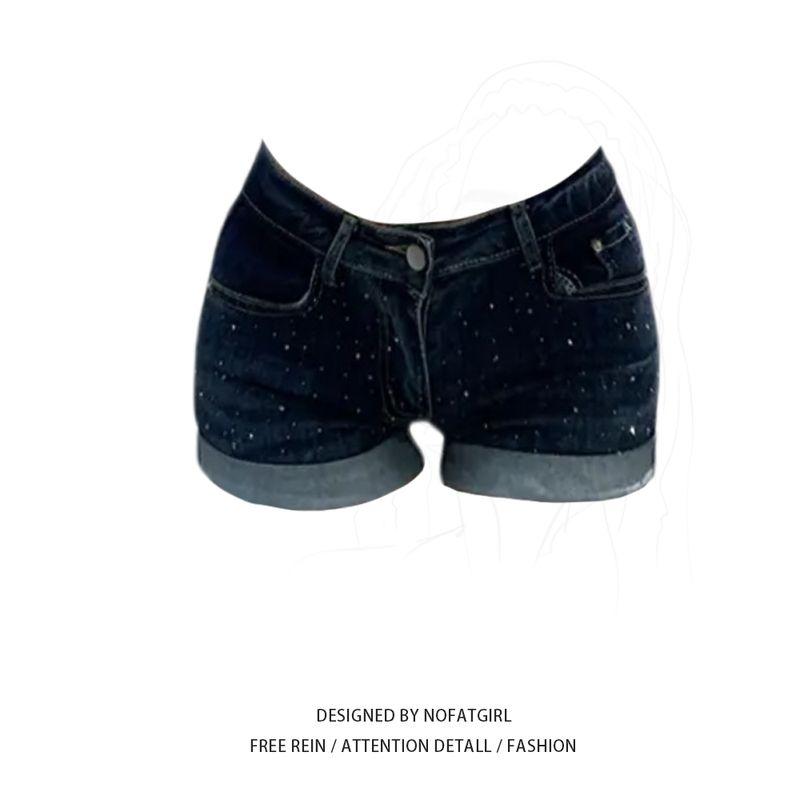 

Plus Size Fat Sister Heavy Embroidery Hot Drilling Low Waist Hip-Wrapped Denim Shorts Female 2025 Spring Height Slim Looking Sexy Hot Pants Shorts S