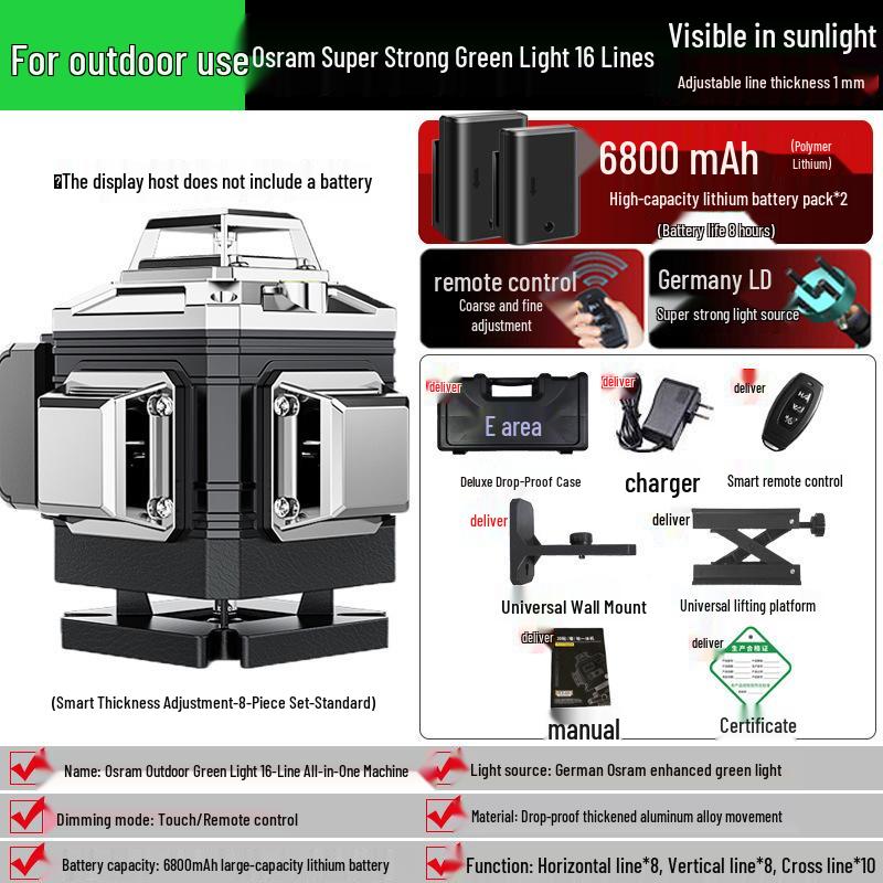 12-Line Green Laser Level with Automatic Leveling for Walls and Floors