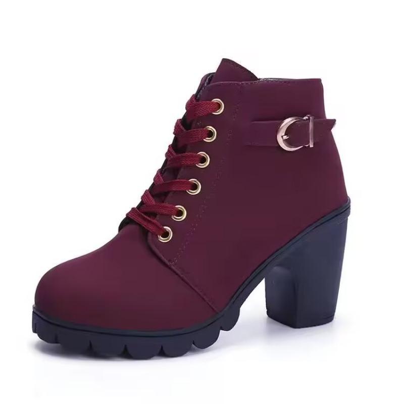 Autumn and Winter New High-heeled Women's Boots Cross-strap Short Boots Belt Buckle Thick-heeled Martin Boots Leather Boots Women Shoes