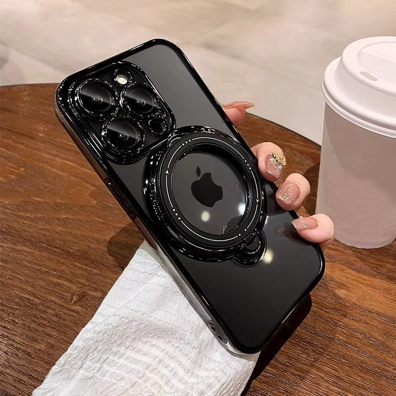 

Роскошный чехол Magsafe для беспроводной зарядки iPhone 11 12 13 14 15 16 Pro Max Plus с прозрачным магнитным кольцом и кронштейном, чехол-бампер iPhone 16 Pro Max чёрный